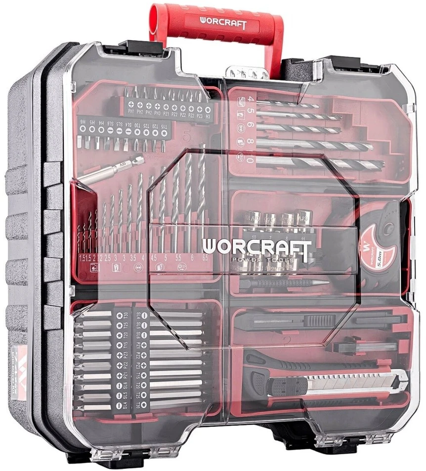 Akumuliatorinis suktuvas-gręžtuvas Worcraft su kalimu 20V LI-ION ir priedais 78 vnt., 2x2.0Ah