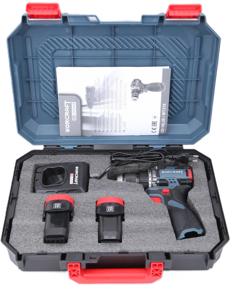 Akumuliatorinis suktuvas-gręžtuvas WORCRAFT su dviem 16.8 V 1.5 Ah Li-Ion akumuliatoriais