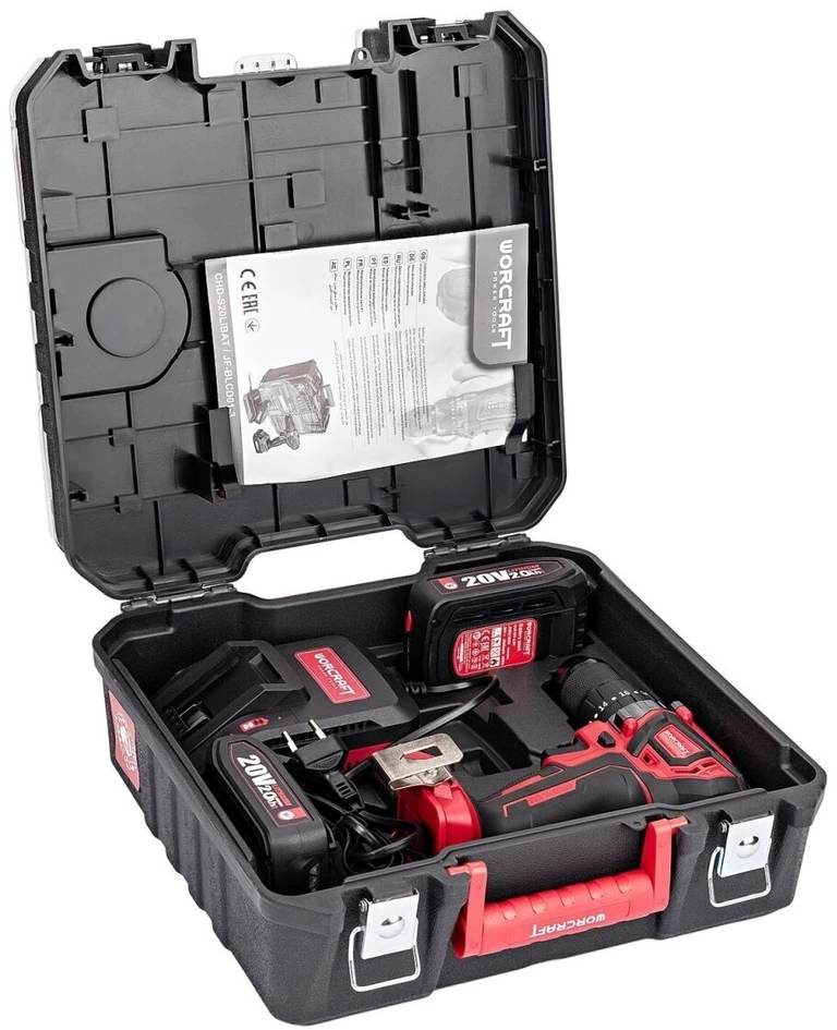 Akumuliatorinis suktuvas-gręžtuvas Worcraft su kalimu 20V LI-ION ir priedais 78 vnt., 2x2.0Ah