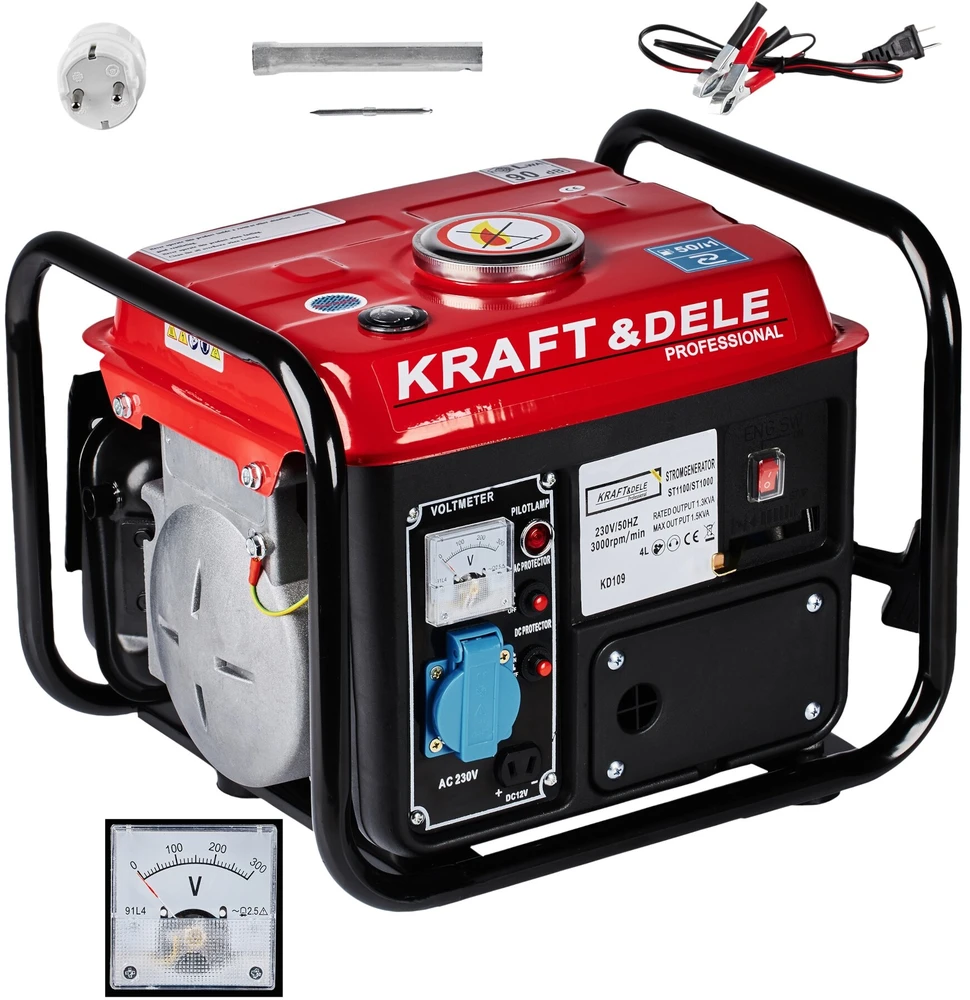 Benzininis dvitaktis elektros generatorius Kraft & Dele KD109, 1200W 12V/230V