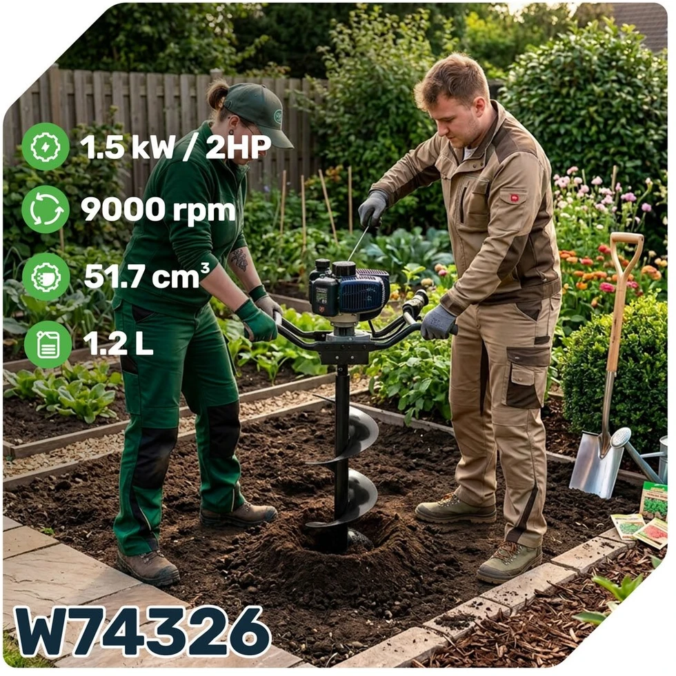 Dviejų asmenų benzininis žemės grąžtas Wuber W74326, 1,5 kW/2,0 AG