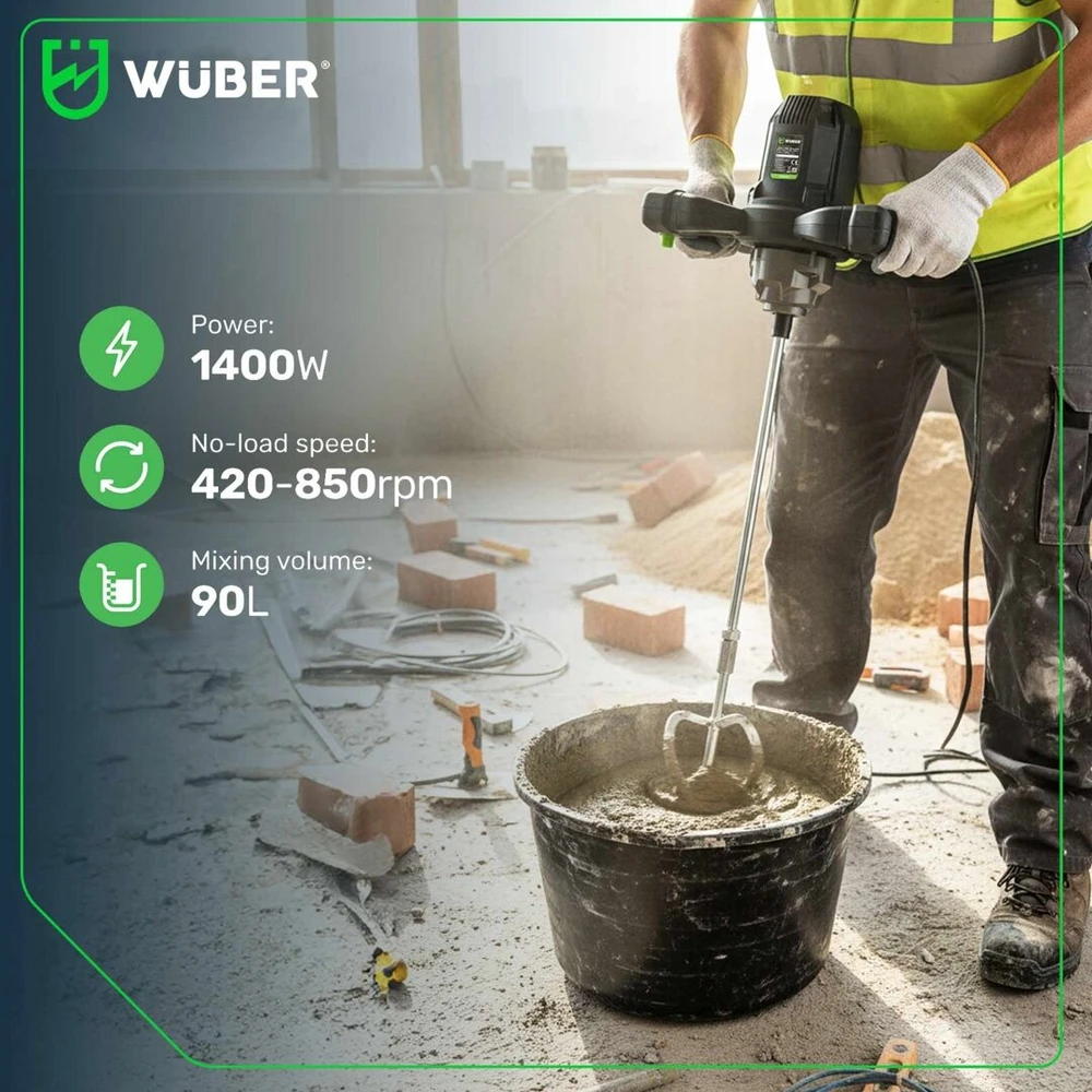 Elektrinis statybinis maišytuvas Wuber 1400W, su dviem maišymo antgaliais