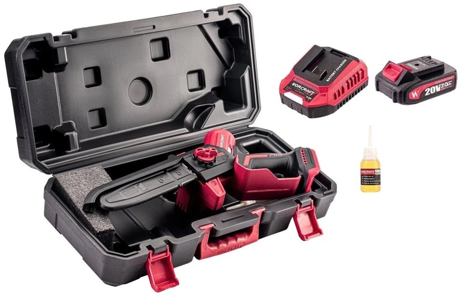 Grandininis pjūklas Akumuliatorinis grandininis mini pjūklas WORCRAFT 8" 20V LI-ION 2x2.0Ah