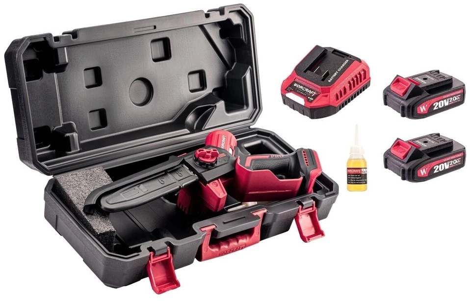 Grandininis pjūklas Akumuliatorinis grandininis mini pjūklas WORCRAFT 8" 20V LI-ION 2x2.0Ah
