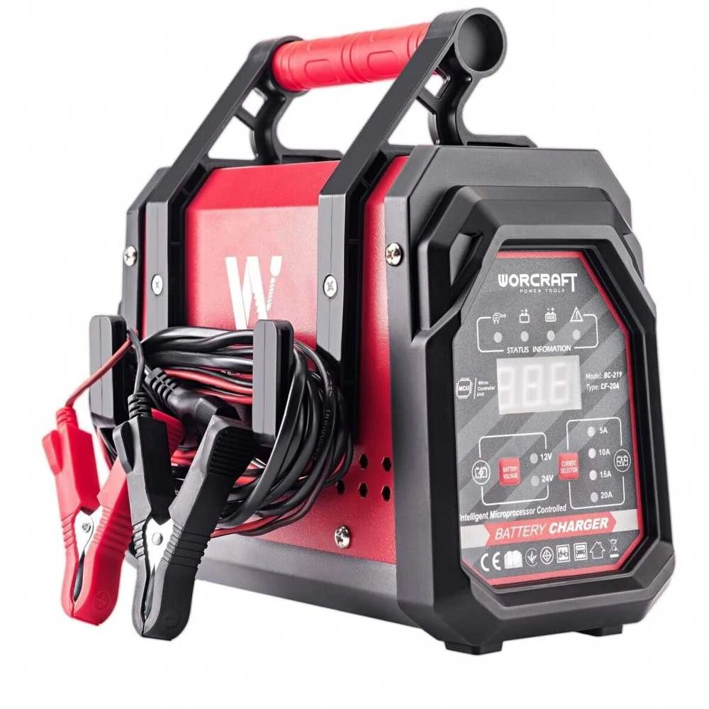 Raudonas Worcraft BC-219 įkroviklis su ekranu
