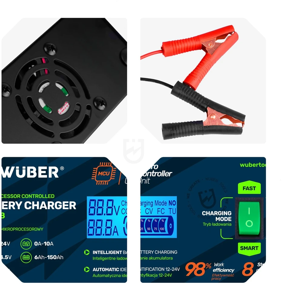 Mikroprocesoriaus valdomas automobilio akumuliatoriaus įkroviklis 10 A 6–150 Ah 2–24 V W14018 WUBER