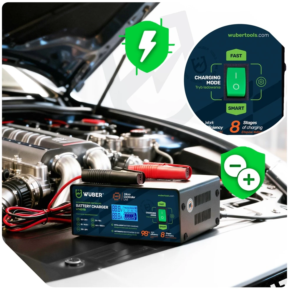 Mikroprocesoriaus valdomas automobilio akumuliatoriaus įkroviklis 10 A 6–150 Ah 2–24 V W14018 WUBER