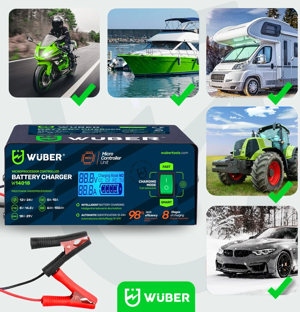 Mikroprocesoriaus valdomas automobilio akumuliatoriaus įkroviklis 10 A 6–150 Ah 2–24 V W14018 WUBER