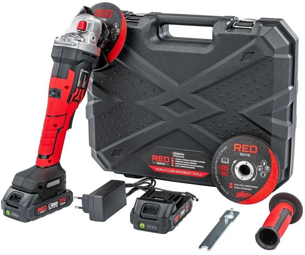 Red Technic Akumuliatorinis kampinis šlifuoklis Raudona Technic RTSZK0140, 21V Li-ion 125mm