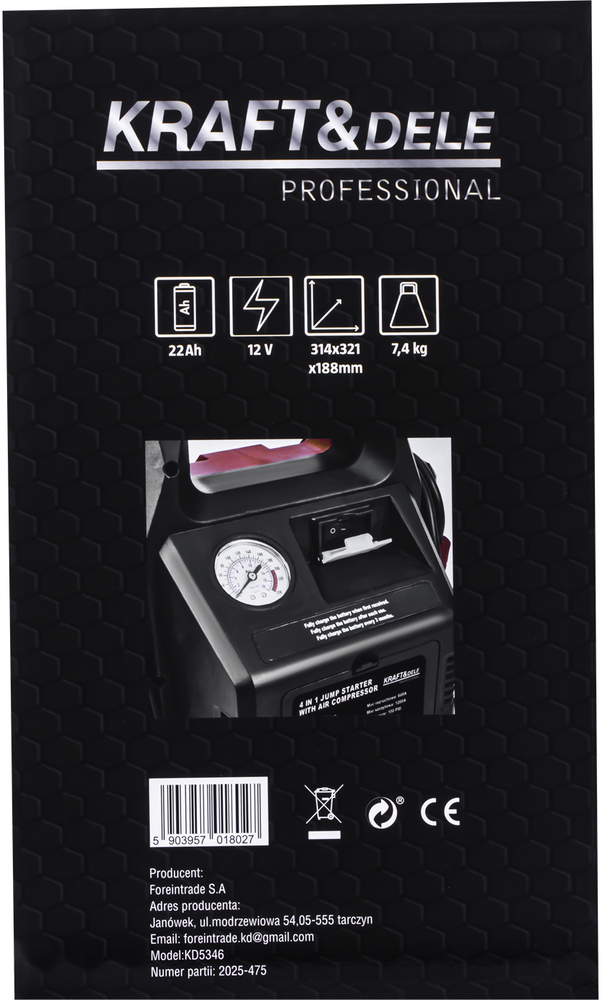Užvedimo įrenginys, kompresorius, išorinė baterija, apšvietimas Kraft & Dele KD5346, 1200/600A 22Ah 12V