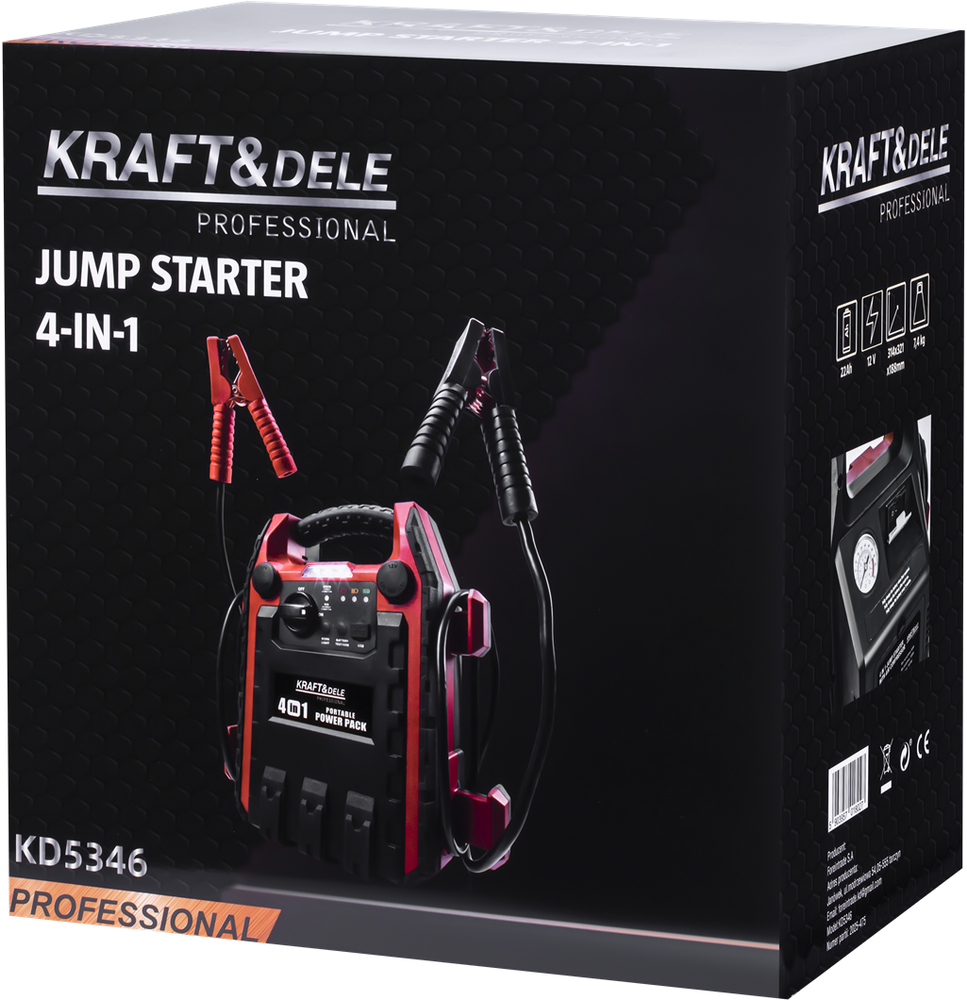 Užvedimo įrenginys, kompresorius, išorinė baterija, apšvietimas Kraft & Dele KD5346, 1200/600A 22Ah 12V