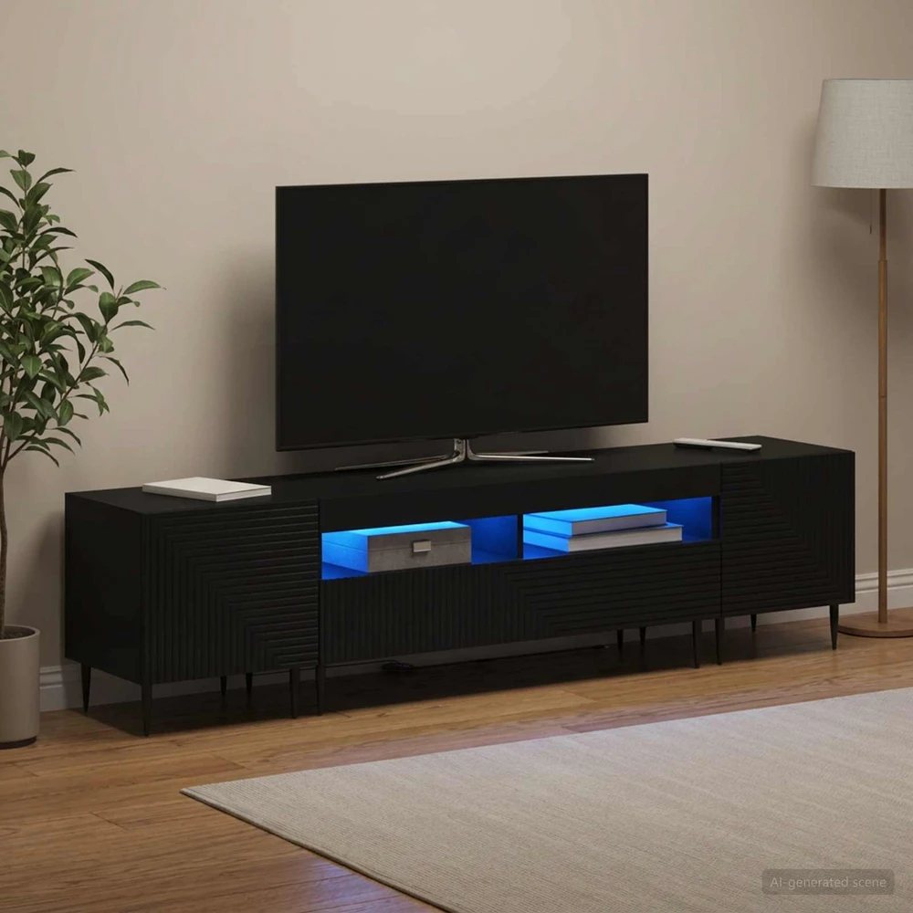 TV staliukas 3 dalių LED televizoriaus spintelė Juoda Apdirbta mediena