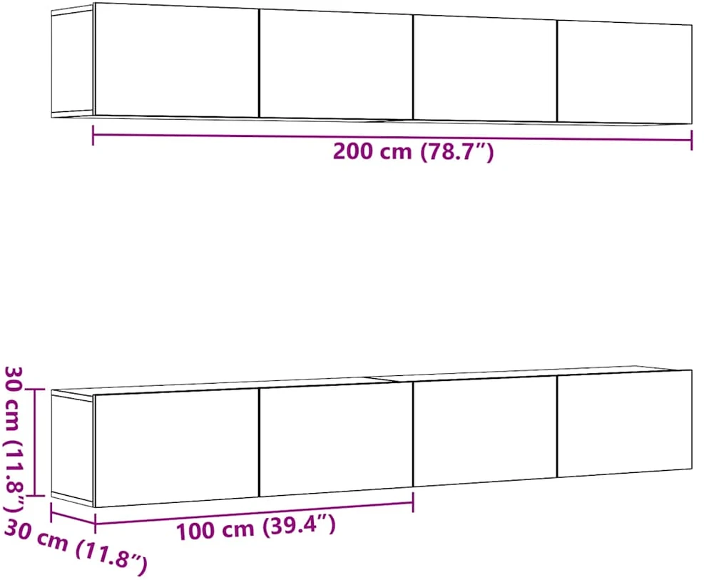 TV staliukas 4 dalių prie sienos tvirtinamas televizoriaus spintelių komplektas, ąžuolo spalvos, 100x30x30 cm