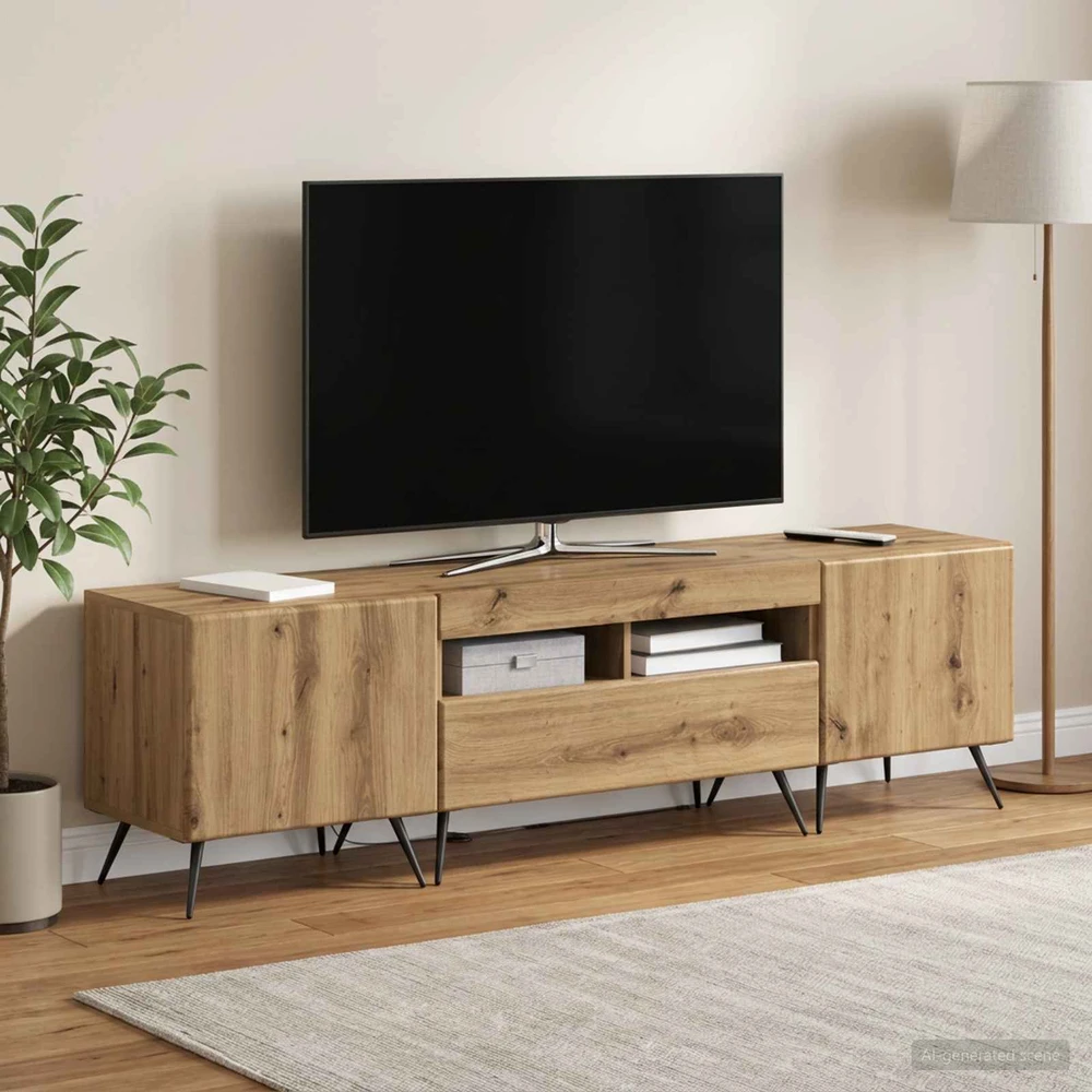TV staliukas 3 dalių LED televizoriaus spintelė BREDA 3 vnt. Artisano ąžuolo