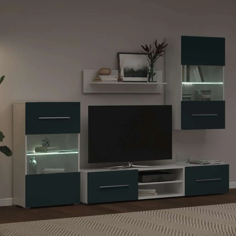 TV staliukas 5 dalių televizoriaus spintelės su LED apšvietimu, matinės indigo spalvos, inžinerinė mediena