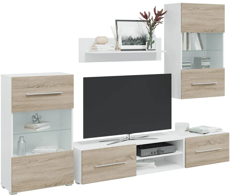 TV staliukas 5 dalių televizoriaus spintelės su LED apšvietimu, sonoma ąžuolas, inžinerinė mediena