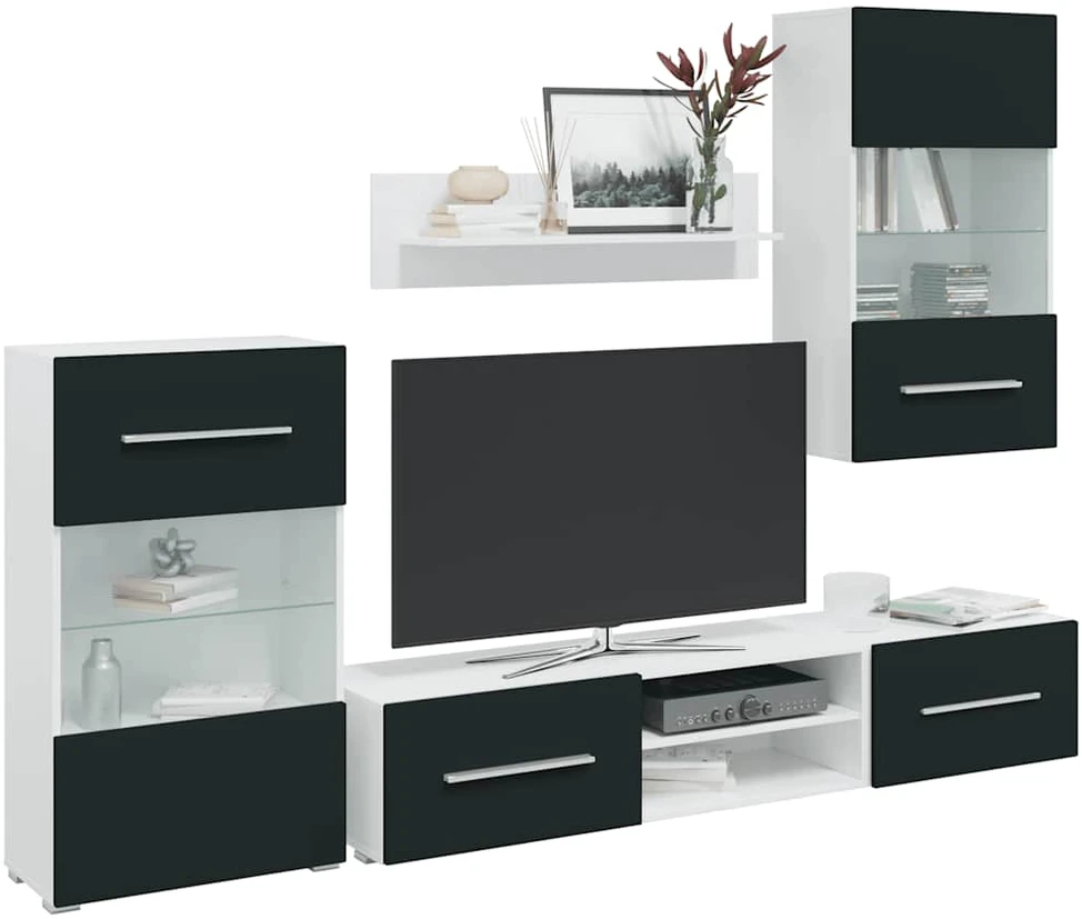 TV staliukas 5 dalių televizoriaus spintelės su LED apšvietimu, matinės indigo spalvos, inžinerinė mediena