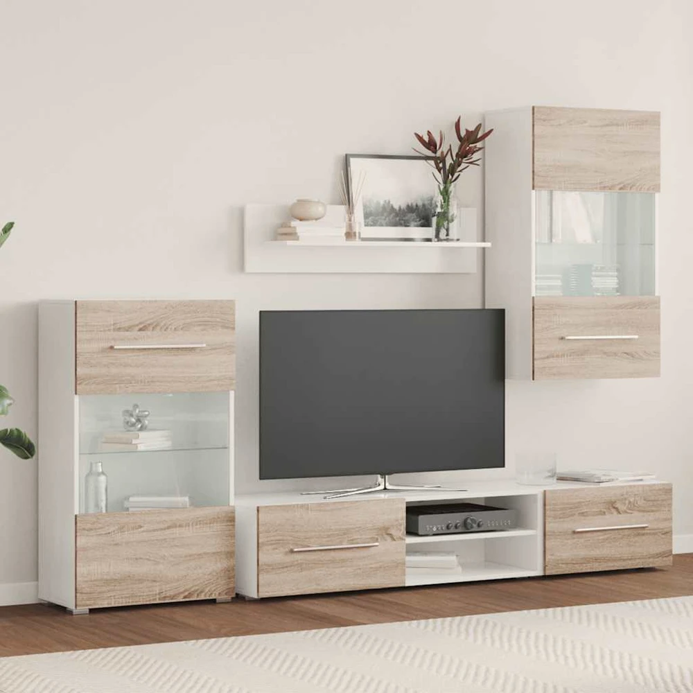 TV staliukas 5 dalių televizoriaus spintelės su LED apšvietimu, sonoma ąžuolas, inžinerinė mediena