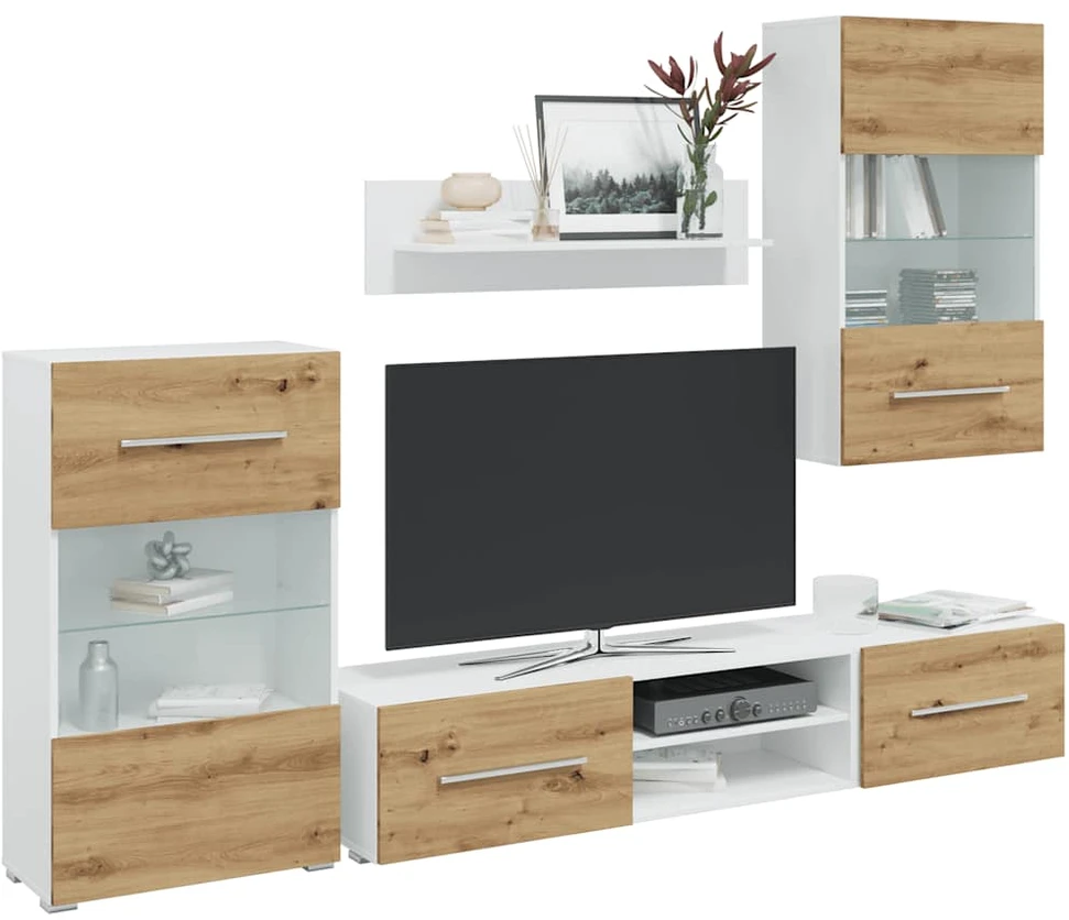 TV staliukas 5 dalių televizoriaus spintelės su LED apšvietimu, dirbtinio ąžuolo spalvos, inžinerinė mediena