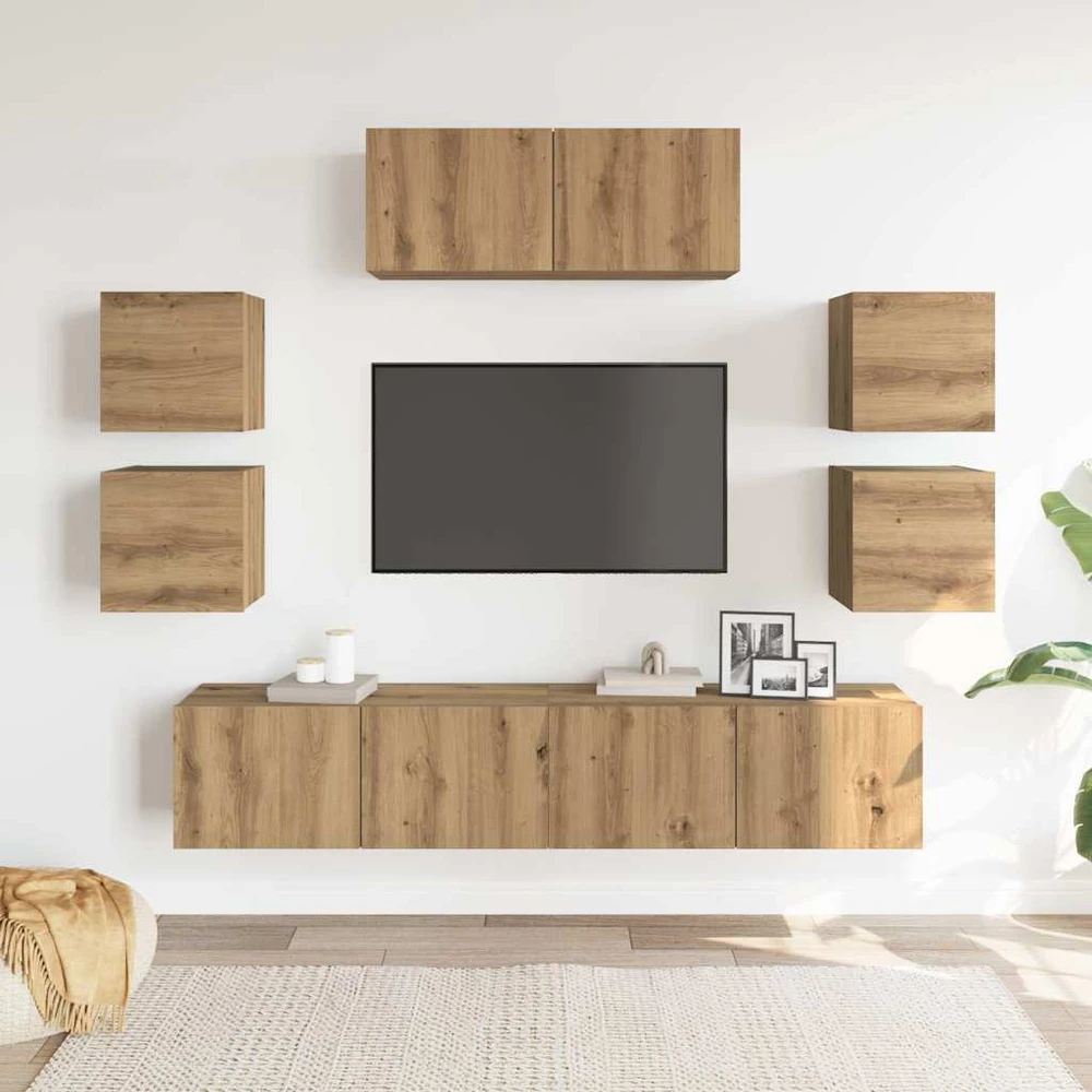 TV staliukas 7 dalių sieninis televizoriaus spintelės komplektas Artisan Oak