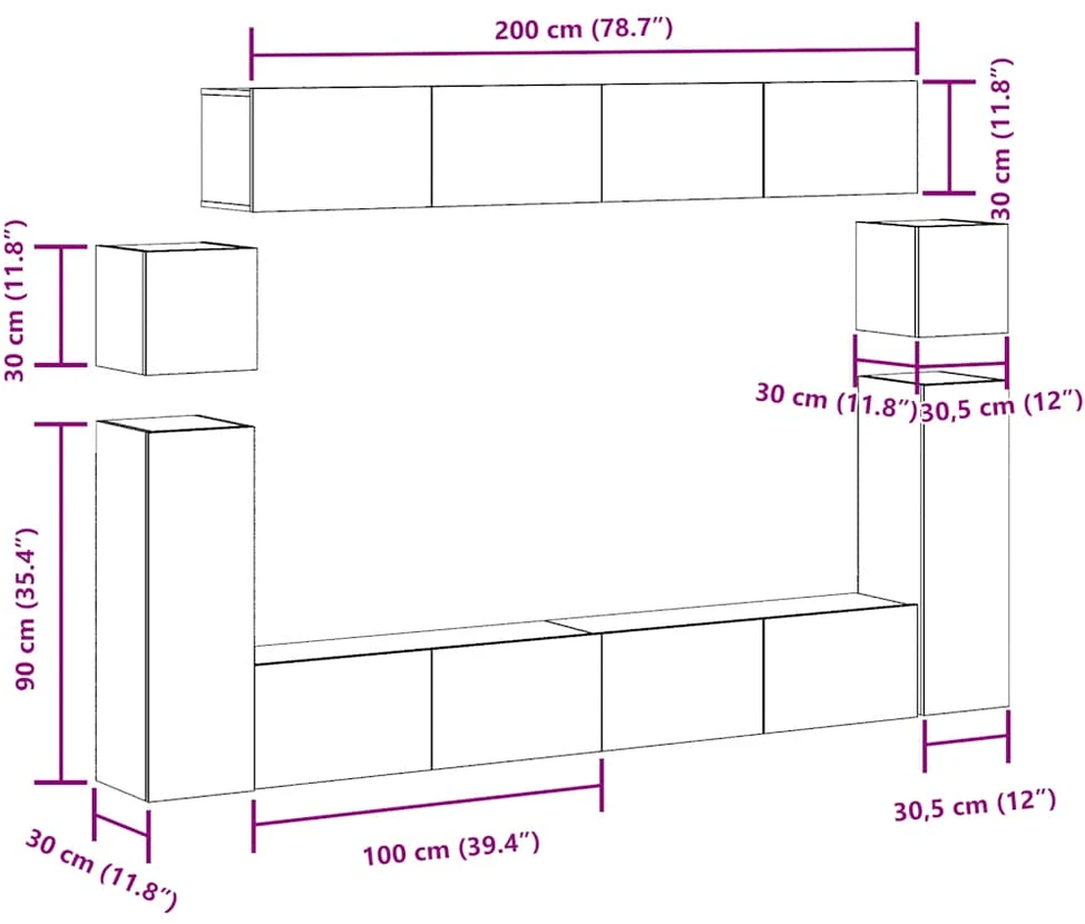 TV staliukas 8 dalių sieninis televizoriaus spintelės komplektas Artisan Oak