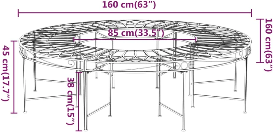 Apvalus suoliukas aplink medį, juodas, 160cm skersmens, plienas