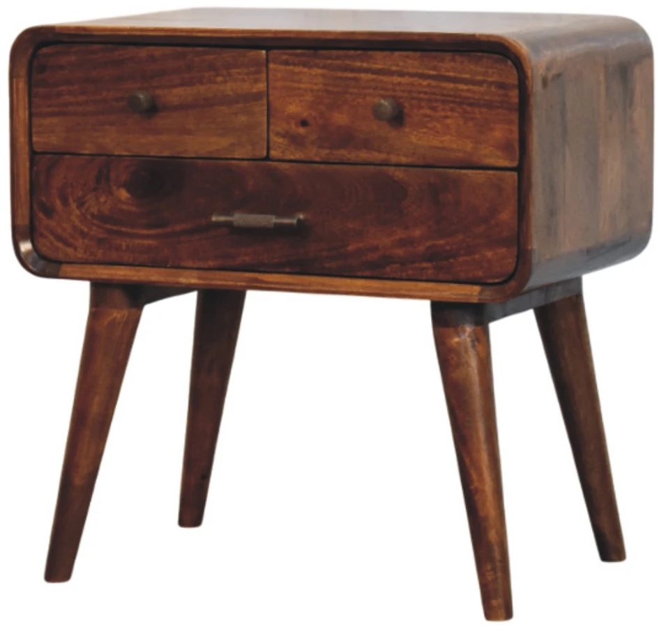 Artisan Furniture Avora mango medienos naktinis staliukas su 3 stalčiais, kaštono atspalvio
