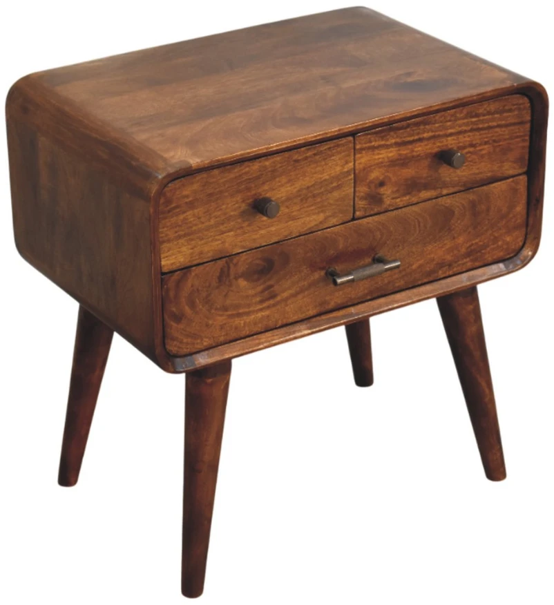 Artisan Furniture Avora mango medienos naktinis staliukas su 3 stalčiais, kaštono atspalvio