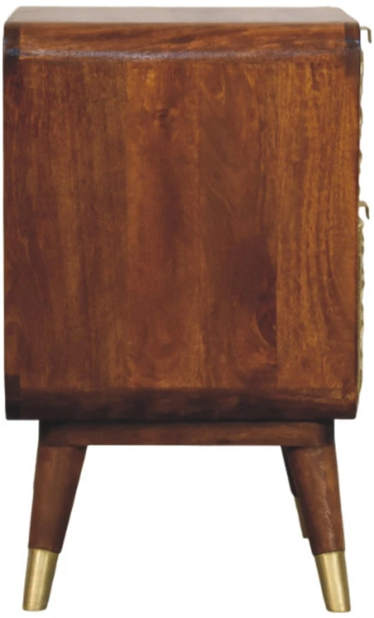 Artisan Furniture Avora mango medienos naktinis staliukas su 2 stalčiais ir žalvario dekoru, kaštono atspalvio