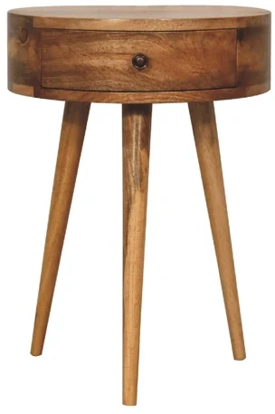 Artisan Furniture Kompaktiškas apvalus mango medienos naktinis staliukas, ąžuolo atspalvio