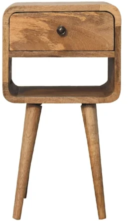 Artisan Furniture Kompaktiškas žemas mango medienos naktinis staliukas su stalčiumi ir lentyna, ąžuolo atspalvio