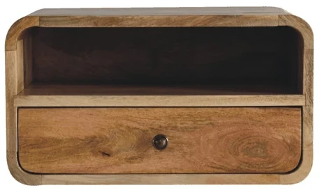Artisan Furniture Didelis sieninis mango medienos naktinis staliukas su stalčiumi ir lentyna, ąžuolo atspalvio
