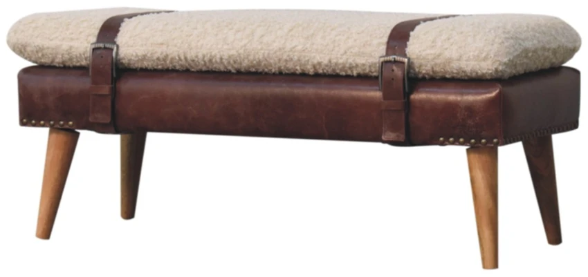 Artisan Furniture Bouclé audinio ir raudonmedžio spalvos odos suoliukas