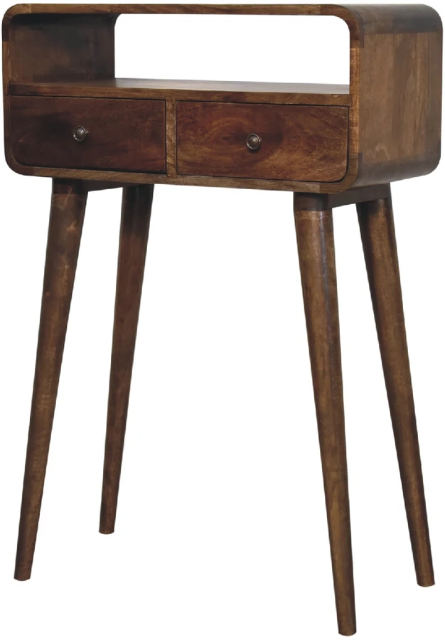 Artisan Furniture Kompaktiškas lenktas mango medienos konsolinis staliukas su 2 stalčiais, pilkos apdailos