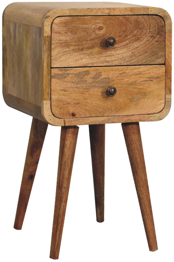 Artisan Furniture Kompaktiškas lenktas mango medienos naktinis staliukas su 2 stalčiais, ąžuolo atspalvio