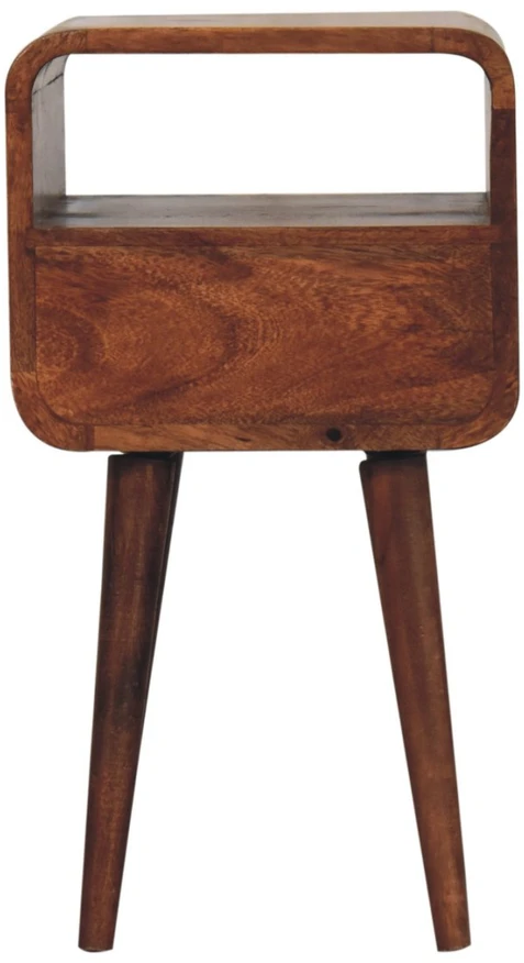 Artisan Furniture Kompaktiškas lenktas mango medienos naktinis staliukas su lentyna, medaus karamelės atspalvio