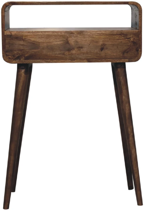 Artisan Furniture Kompaktiškas lenktas mango medienos konsolinis staliukas su 2 stalčiais, pilkos apdailos