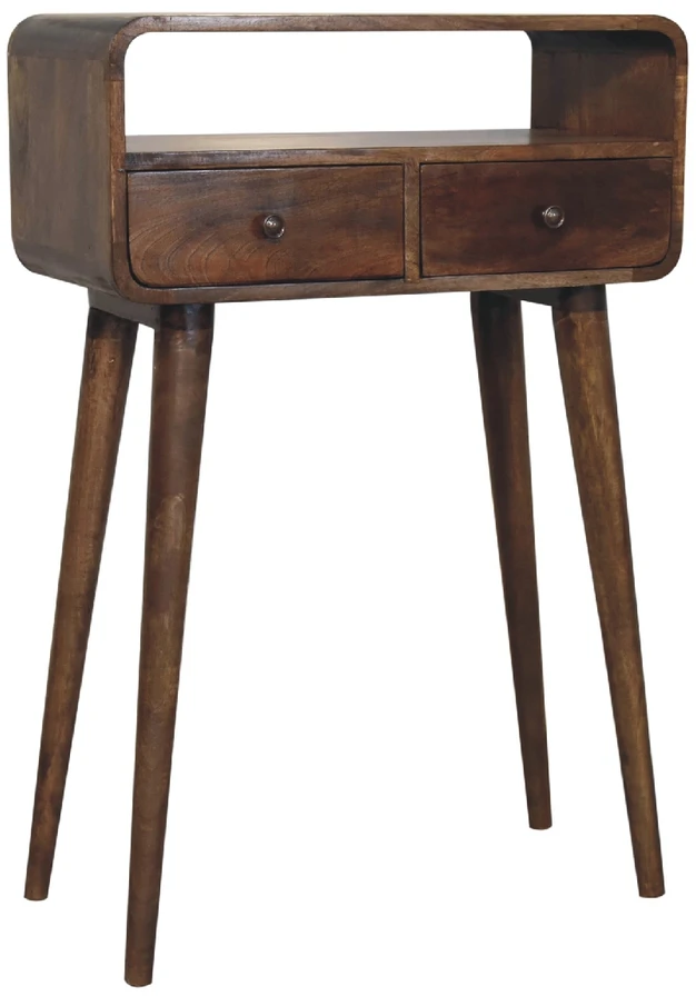 Artisan Furniture Kompaktiškas lenktas mango medienos konsolinis staliukas su 2 stalčiais, pilkos apdailos