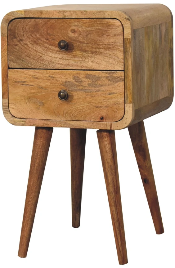 Artisan Furniture Kompaktiškas lenktas mango medienos naktinis staliukas su 2 stalčiais, ąžuolo atspalvio