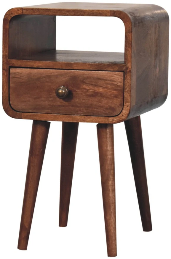 Artisan Furniture Kompaktiškas lenktas mango medienos naktinis staliukas su lentyna, medaus karamelės atspalvio