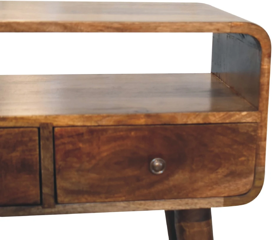 Artisan Furniture Kompaktiškas lenktas mango medienos konsolinis staliukas su 2 stalčiais, pilkos apdailos