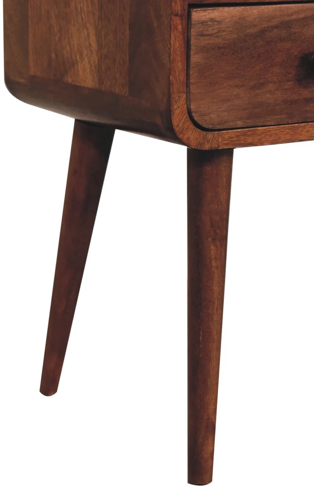 Artisan Furniture Kompaktiškas lenktas mango medienos naktinis staliukas su lentyna, medaus karamelės atspalvio