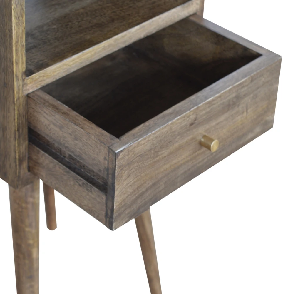 Artisan Furniture Kompaktiškas mango medienos naktinis staliukas su stalčiumi ir lentyna, pilkos apdailos