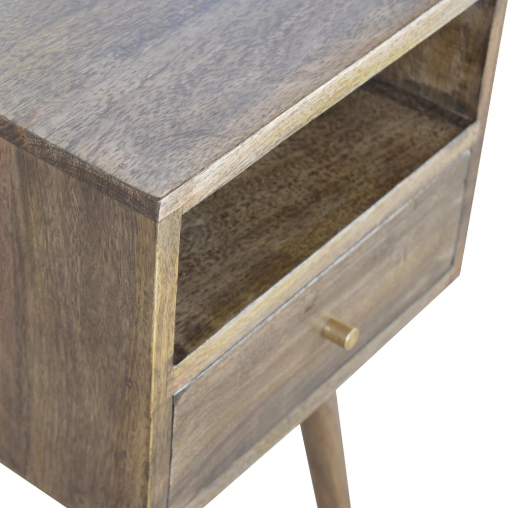 Artisan Furniture Kompaktiškas mango medienos naktinis staliukas su stalčiumi ir lentyna, pilkos apdailos