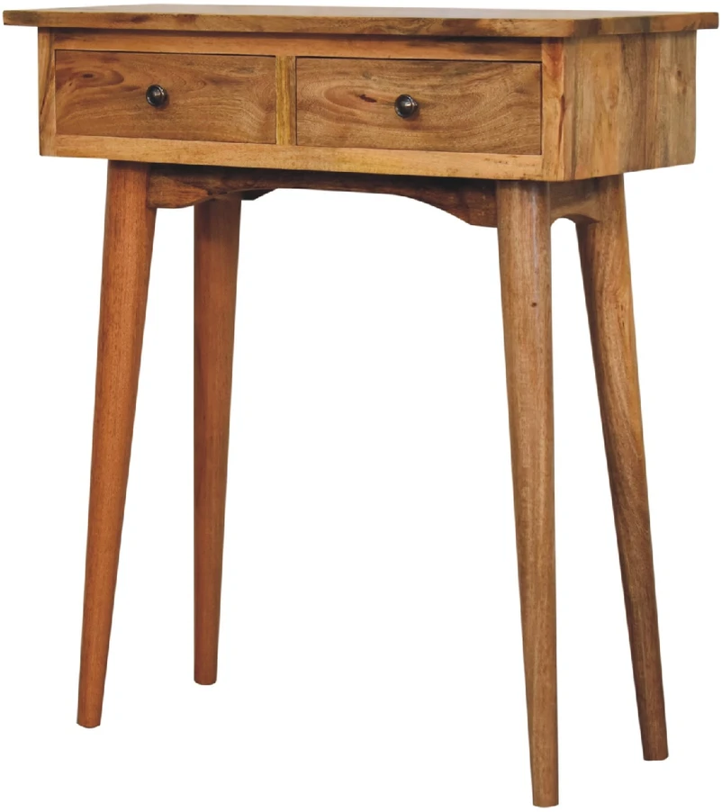 Artisan Furniture Kompaktiškas mango medienos konsolinis staliukas su 2 stalčiais, ąžuolo atspalvio