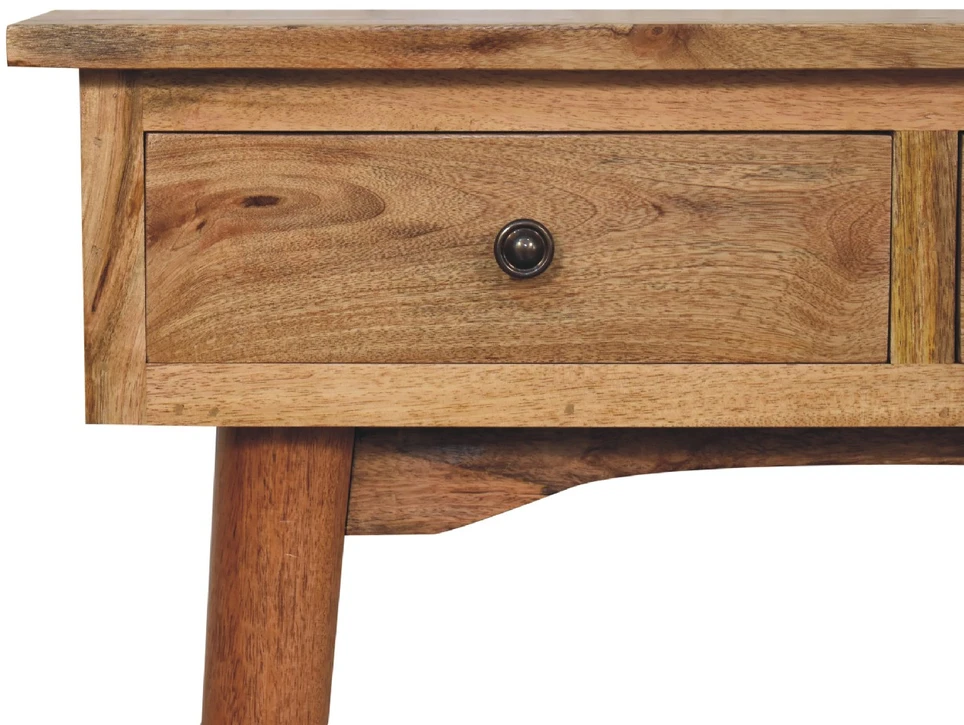 Artisan Furniture Kompaktiškas mango medienos konsolinis staliukas su 2 stalčiais, ąžuolo atspalvio