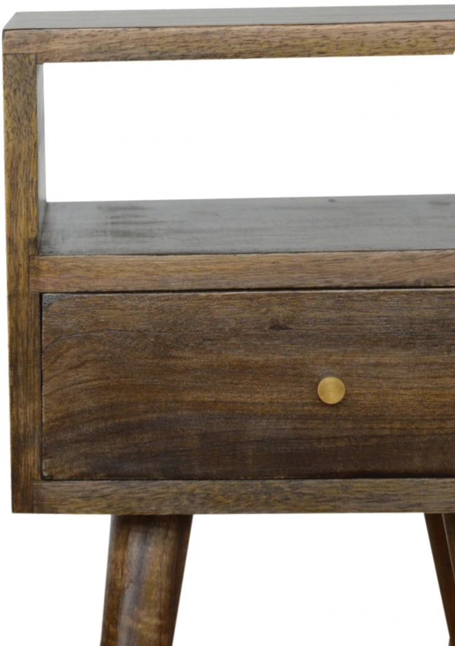 Artisan Furniture Kompaktiškas mango medienos naktinis staliukas su stalčiumi ir lentyna, pilkos apdailos