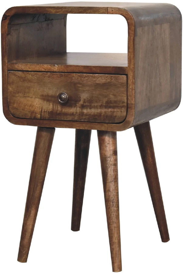 Artisan Furniture Kompaktiškas mango medienos naktinis staliukas su stalčiumi ir lentyna, pilkos apdailos