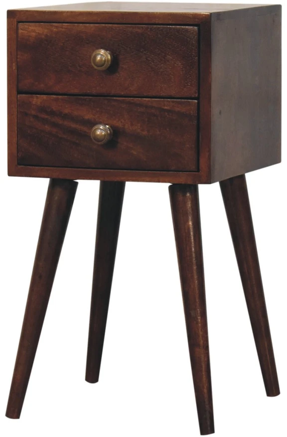 Artisan Furniture Kompaktiškas mango medienos naktinis staliukas su 2 stalčiais, Kalifornijos riešutmedžio atspalvio