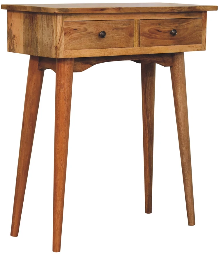 Artisan Furniture Kompaktiškas mango medienos konsolinis staliukas su 2 stalčiais, ąžuolo atspalvio